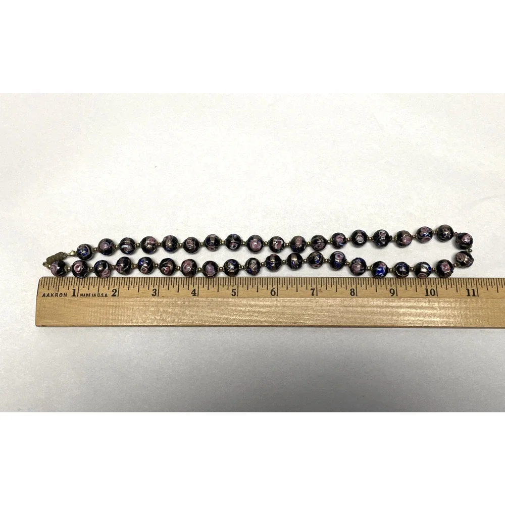 Vintage Venetian Wedding Cake Glass Bead Necklace Black Pink Blue Gold 22 inch